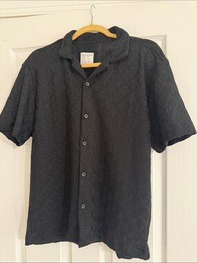 Denim & Flower Men's Black Short-Sleeve Textured Button-Down Shirt
